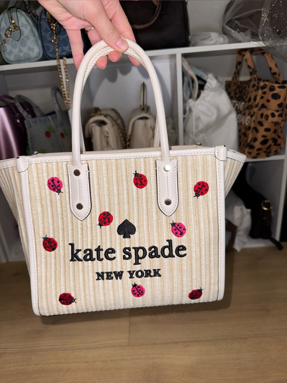 Kate Spade Ella Small straw ladybug tote